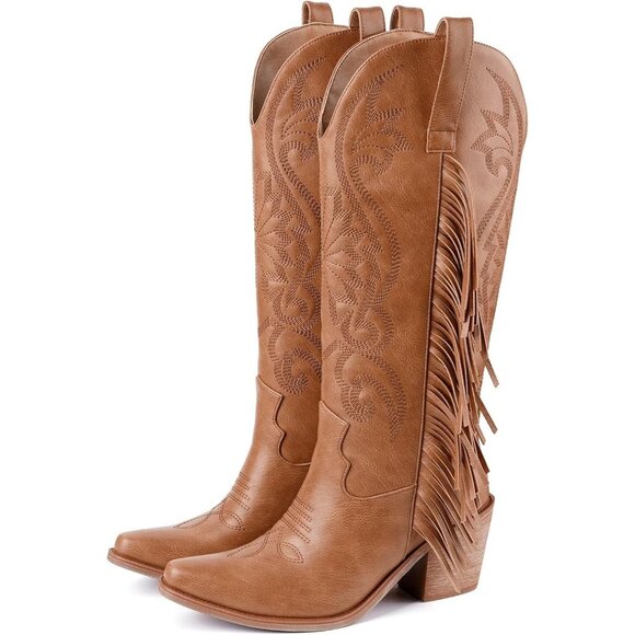 Women's Brown Pointed Toe Wide Calf Fringe Cowgirl Knee High Chunky Heel Boots - Picture 7 of 8